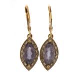 Pair of 9ct gold diamond and tanzanite drop earrings, 3.1cm high, 2.0g