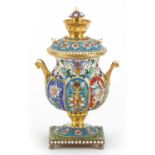 Miniature silver gilt and enamel samovar, impressed Russian marks to the base, 10cm high, 155.0g