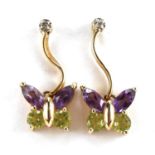 Pair of 9ct diamond, peridot and amethyst butterfly design drop earrings, 1.7cm high, 1.9g