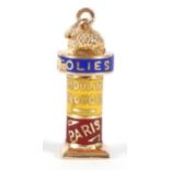 French gold and enamel Folies Bergere Parisian music hall charm, 2.2cm high, 1.4g