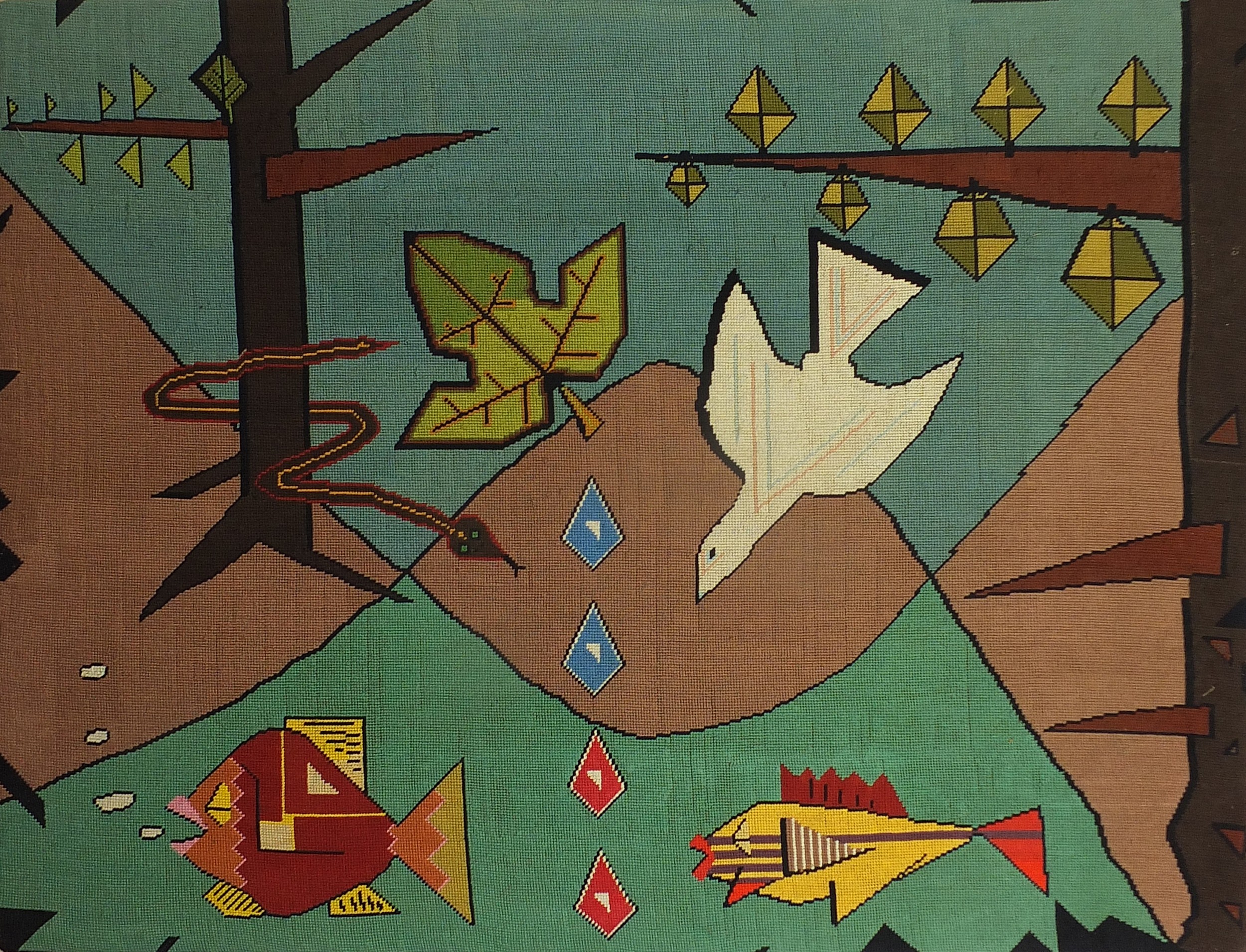 Surreal composition with birds, wool work tapestry, 100cm x 75cm