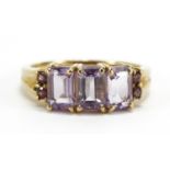 9ct gold amethyst and pink stone ring, size N, 2.8g