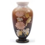 Victorian opaline glass vase hand painted with a bird amongst flowers, 35cm high