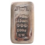 999 fine silver 100g ingot by Betts, 4.5cm x 2.5cm