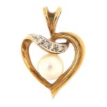 9ct gold cultured pearl and diamond love heart pendant, 1.7cm high, 1.6g