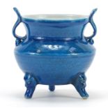 Chinese blue glazed porcelain tripod censer with twin handles incised with mythical animals, six