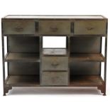 Industrial steel cabinet with five drawers and open shelves, 90cm H x 120cm W x 40cm D