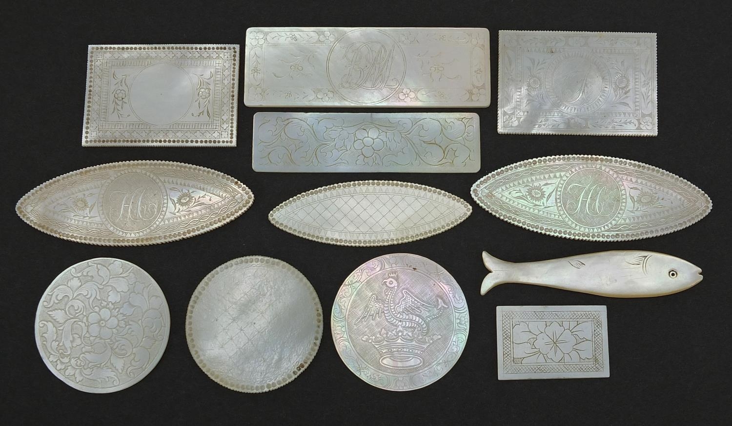 Eleven Chinese Canton mother of pearl gaming counters and one other, the largest 6.5cm wide - Image 4 of 6