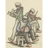 Three musicians, Irish school mixed media on paper, mounted, framed and glazed, 24.5cm x 19cm