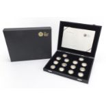 United Kingdom one pound coin 25th Anniversary Silver Proof Collection arranged in a fitted case