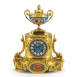French Ormolu mantle clock with Sevres style panels hand painted with birds and flowers, the