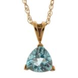 9ct gold blue topaz pendant on a 9ct gold necklace, 1.4cm high and 44cm in length, 1.6g
