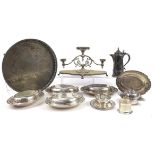 Silverplate including four entree dishes with covers, circular gallery tray and three branch table