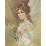 Lucia Sarto - Nudo, top half portrait of a semi nude female, oil on canvas, details and label verso,