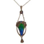 Charles Horner, Art Nouveau silver and enamel pendant on a silver necklace, Chester 1907, 7.5cm high