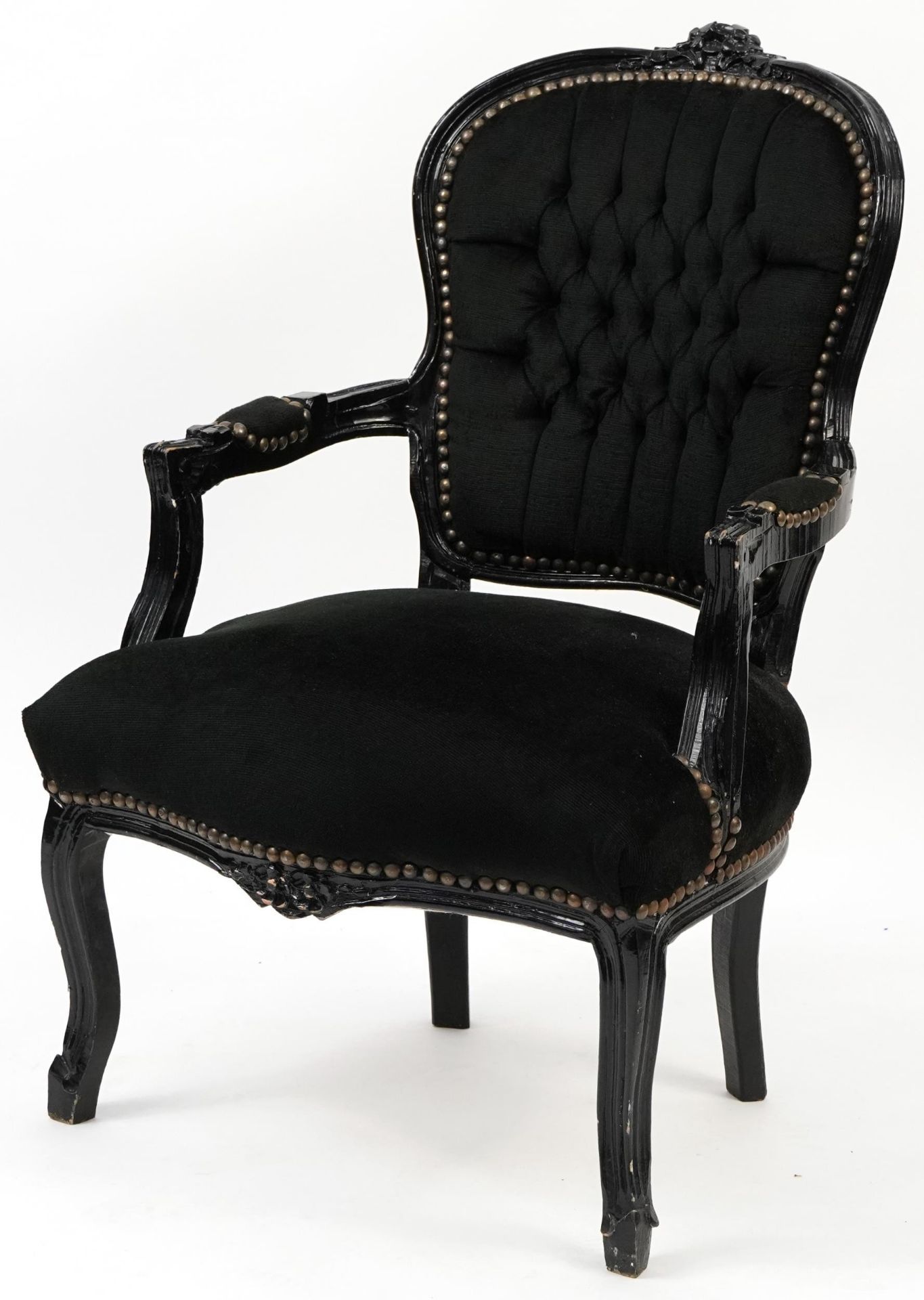 French style black painted elbow chair with black button back upholstery, 92cm high