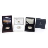 Three silver proof five pound coins with cases commemorating HMS Victory, The Sapphire Jubilee of