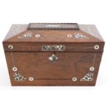 19th century sarcophagus shaped twin divisional tea caddy with mother of pearl inlay and ring