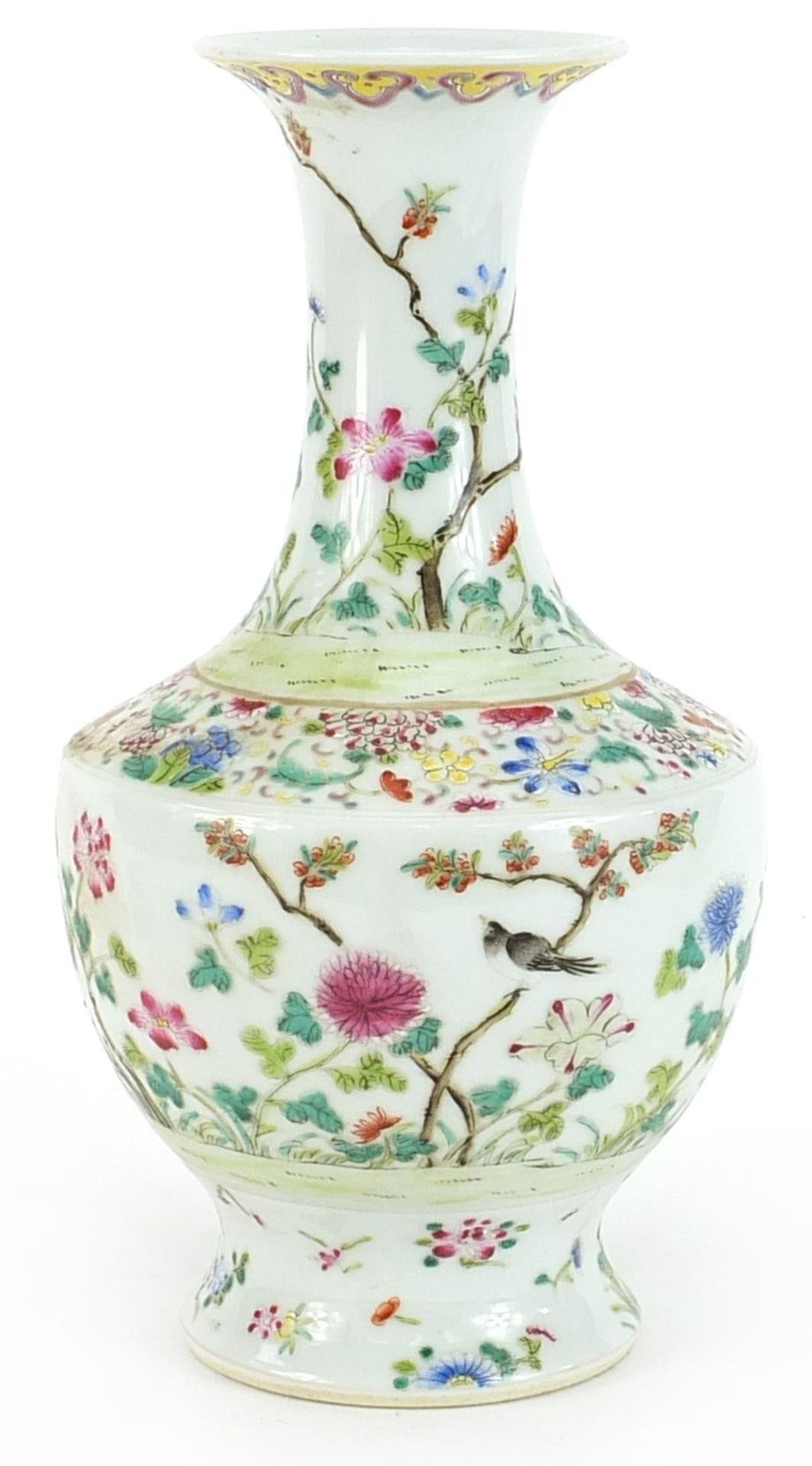 Chinese porcelain vase hand painted in the famille rose palette with birds amongst flowers, six