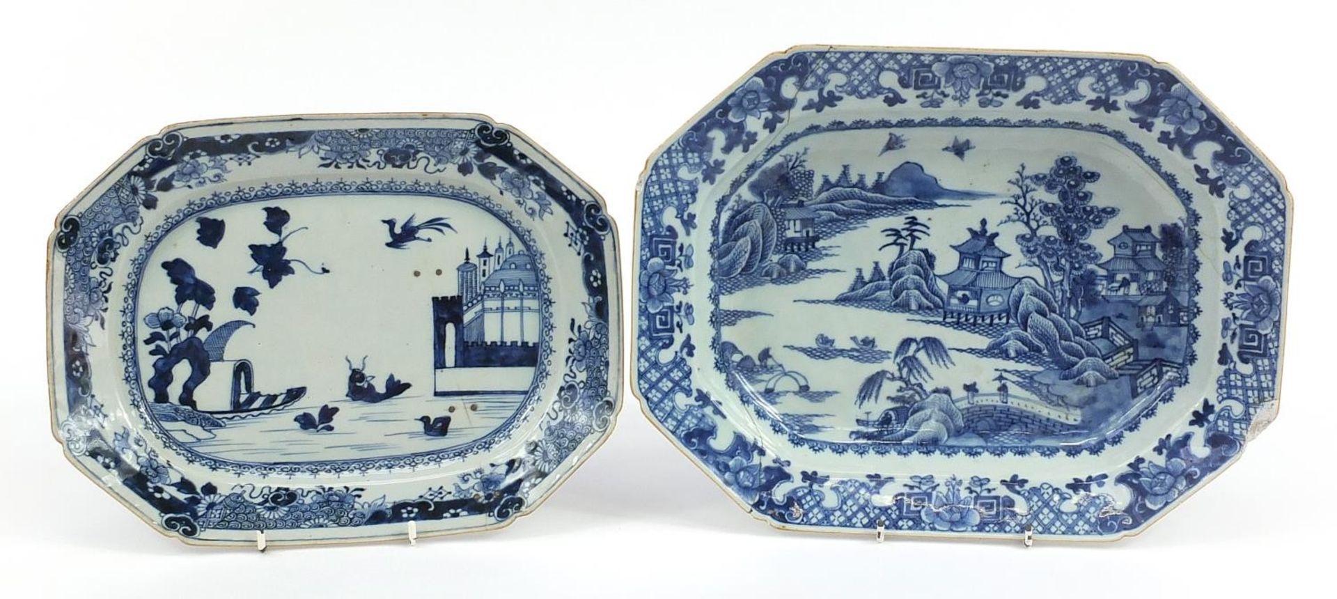 Chinese blue and white porcelain platter and footed serving dish, each hand painted with landscapes,