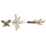 Sterling silver and enamel butterfly brooch, claw brooch set with and amethyst and gilt metal