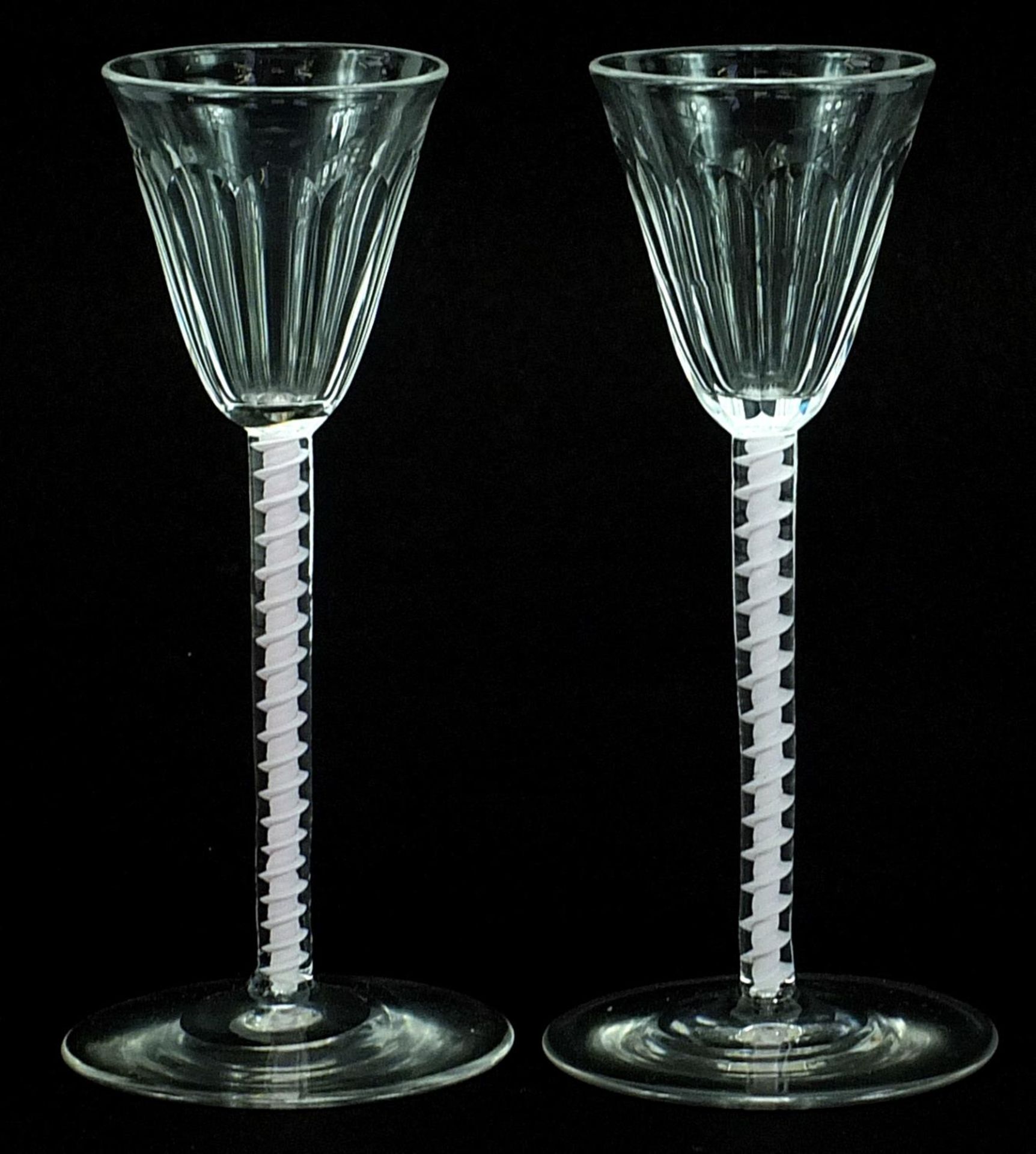 Pair of antique wine glasses with opaque twist stems and facetted bowls, each 14.5cm high - Image 2 of 3