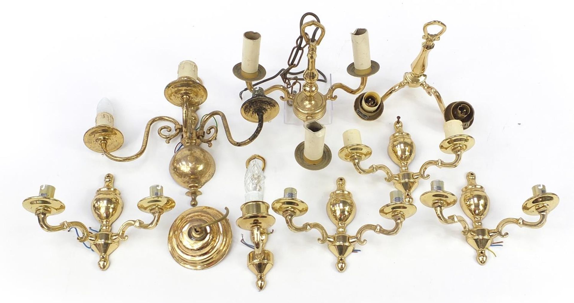 Seven brass wall sconces including a set of four and a three branch chandelier, the largest 30cm - Image 5 of 5