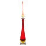 Large Murano red and clear glass decanter with stopper, 62.5cm high