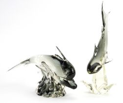 Two large Murano smoked glass fish sculptures, the largest 40cm in length