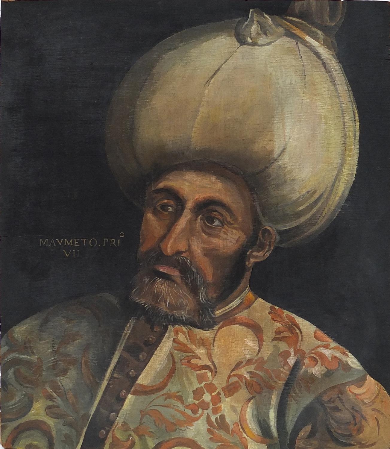 Head and shoulders portrait of a Sultan, Turkish school oil on board, label verso, unframed, 44cm