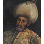 Head and shoulders portrait of a Sultan, Turkish school oil on board, label verso, unframed, 44cm