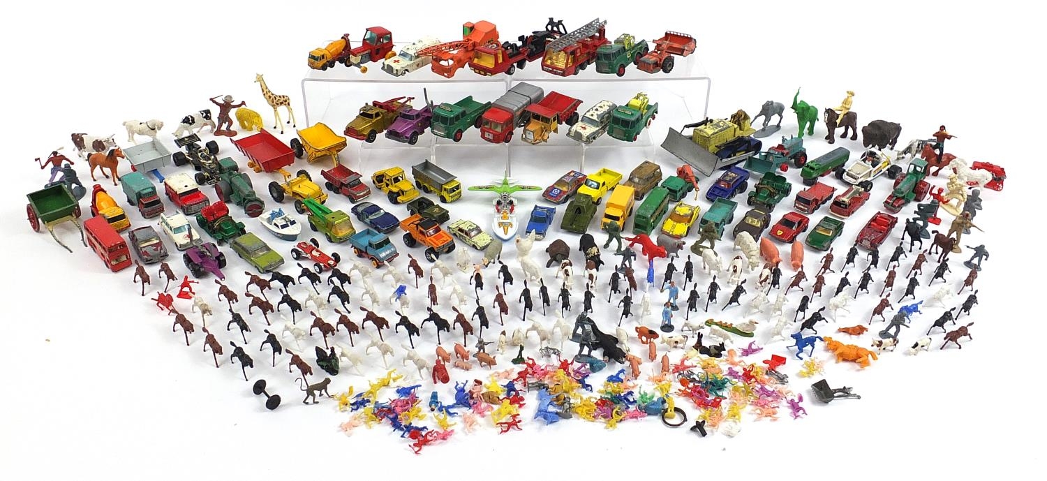 Vintage and later diecast vehicles and plastic farmyard animals including Lesney by Matchbox