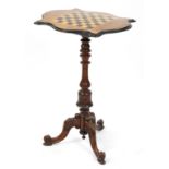 Victorian inlaid walnut tripod games table with tilt top, 75cm x 53cm W x 41cm D