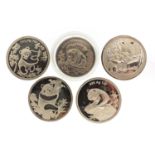 Five Chinese silver pandas comprising years 1986, 1987, 1992, 1999 and 2005,