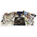 Large collection of costume jewellery, pocket watches and objects including brooches, necklaces