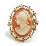 9ct gold cameo maiden head ring, size N, 4.9g