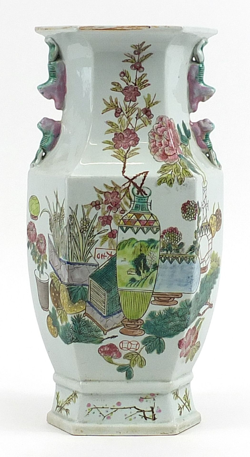 Large Chinese porcelain hexagonal vase hand painted in the famille rose palette with vases of