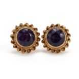 Pair of 9ct gold amethyst stud earrings, 9mm in diameter, 1.8g