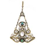 Austro Hungarian, gilt metal pendant set with cabochon stones and seed pearls, 5.5cm high, 4.6g