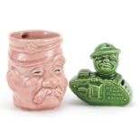 Military interest Old Bill pink glazed mug and a propaganda tank money box inscribed Where's that