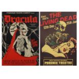 The Living Dead and Dracula theatre posters, each framed and glazed, the largest 75cm x 50cm