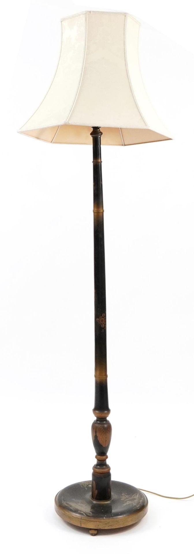 Chinese black lacquered chinoiserie standard lamp with shade, 175cm high