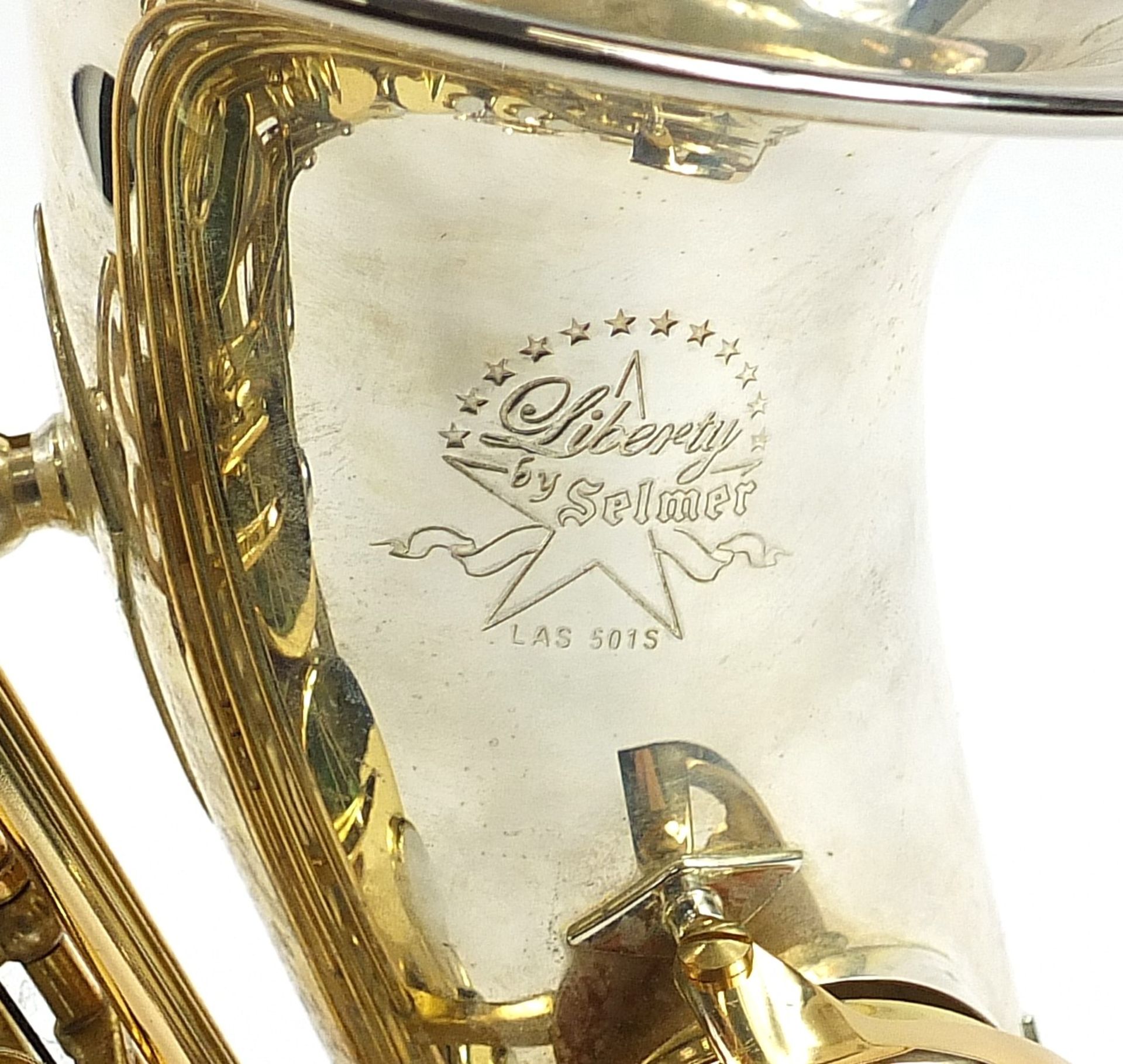 Liberty by Selmer chrome plated and brass alto saxophone with protective carry case and stand, - Image 4 of 7