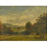 River landscape with trees and boats, 19th/20th century oil on board, Winsor & Newton label verso,