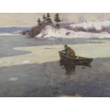 Figures in a boat before a winter landscape, Russian school oil on board, mounted and framed, 57.5cm
