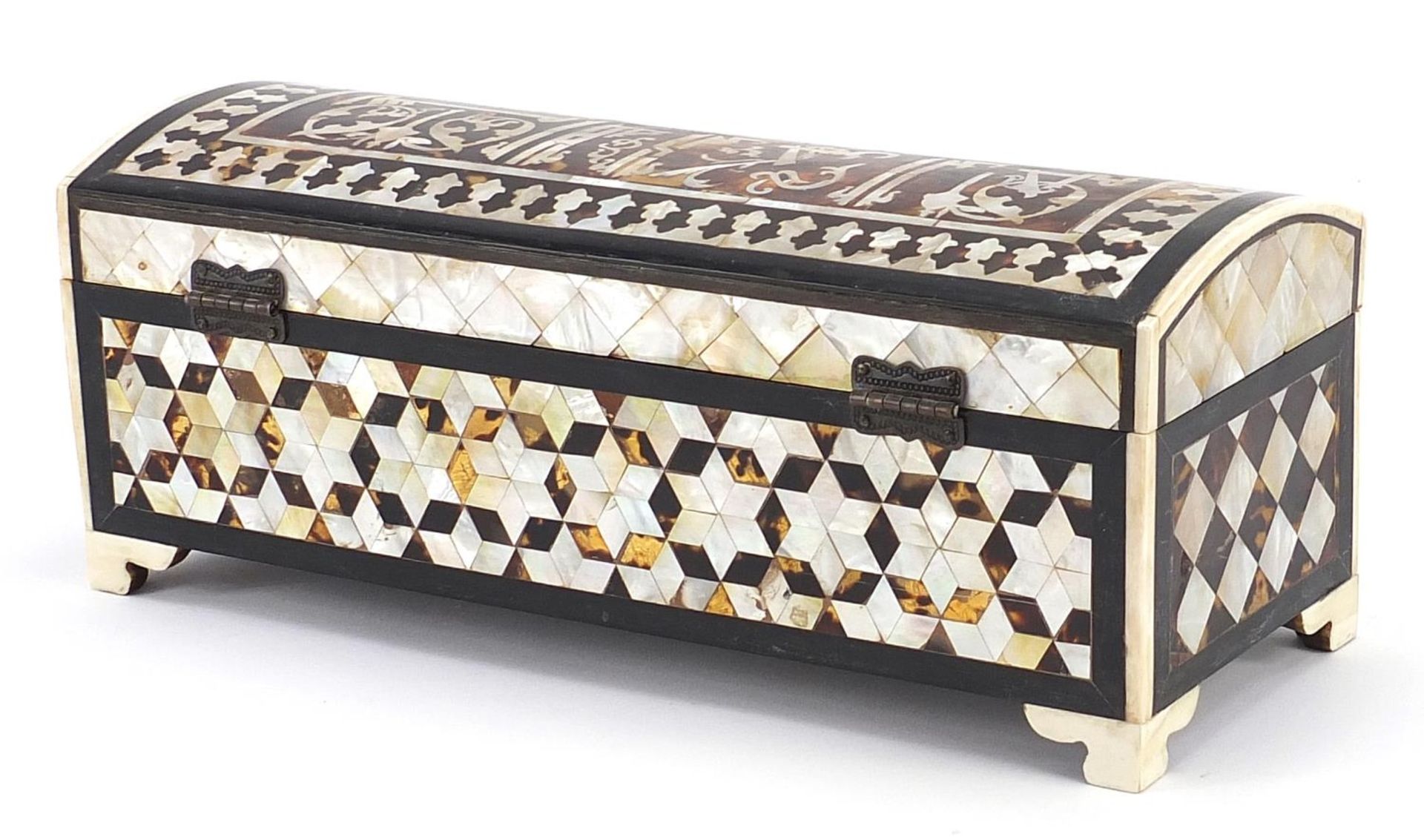 Turkish Islamic mother of pearl and tortoiseshell pen box, 11cm H x 32cm W x 12cm D - Image 3 of 4