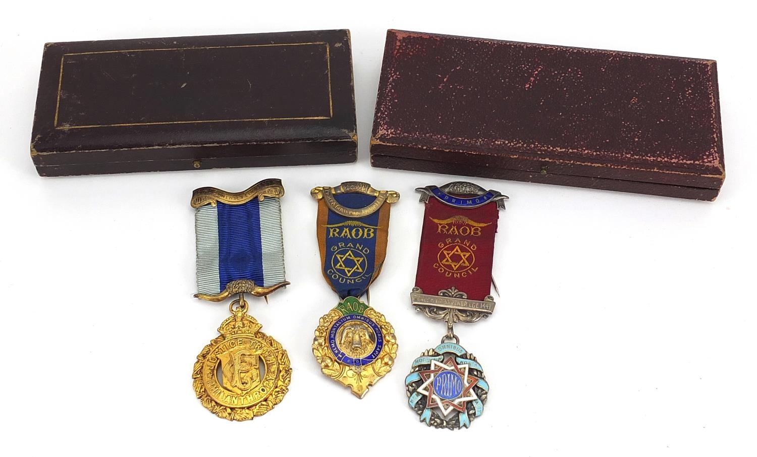 Three Royal Order of Buffalo silver jewels, two with enamel, two with fitted cases