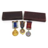 Three Royal Order of Buffalo silver jewels, two with enamel, two with fitted cases