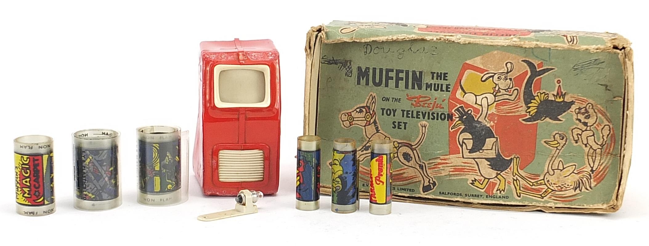 Vintage Muffin the Mule toy television set with box by EVB Plastics Ltd