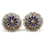 Pair of silver filigree and blue enamel flower head earrings, 6.4g